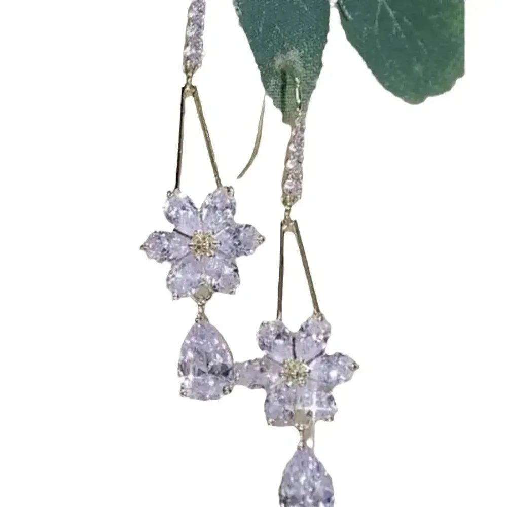 Luxury Crystal Flower Water Drop Dangle Earrings for Women Temperament Trendy Gold Color Zircon Wedding Bride Korea Jewelry Gift