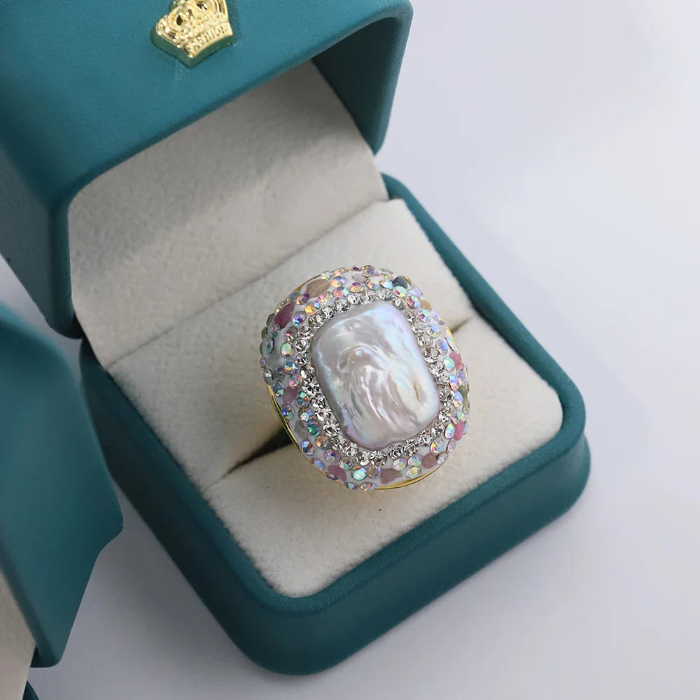 Baroque Pearl Inlaid Tourmaline Ring for Women Personalized Fashion Elegant Luxury Simple Ladies Banquet Exquisite JewelryGR0409