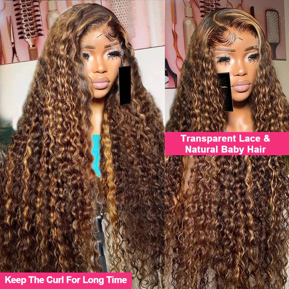 Deep Curly Wigs Human Hair Highlight 13x4 Lace Front Human Hair Wigs Colored Transparent Water Wave Lace Frontal Wig For Women