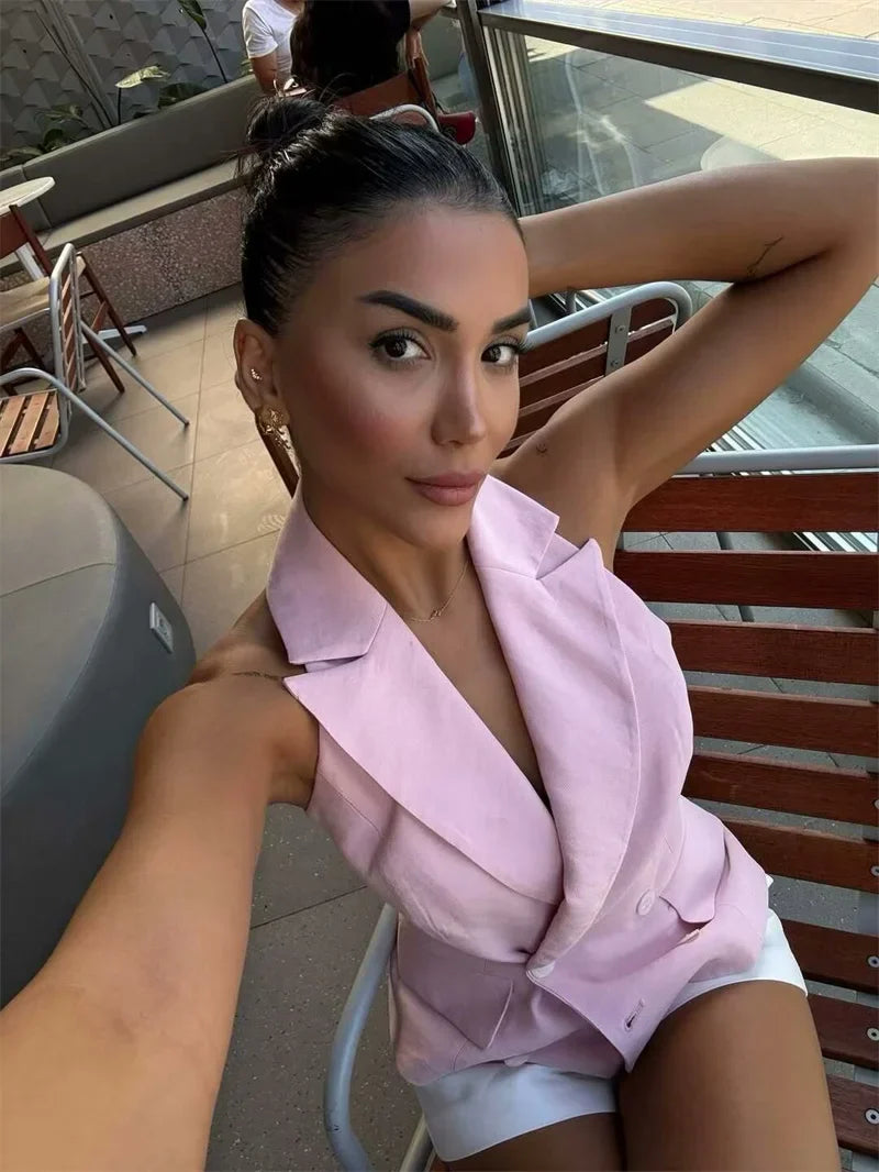 Women's Tops 2025 New Double-Breasted Halterneck Pink Vest Casual and fashionable women's vest