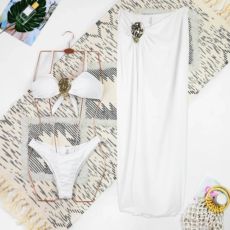 3 Piece Bikini Sets Spaghetti Strap Swimsuits 2025 Women Sexy High Split Beachwear Long Skirt Bathing Suit Summer Vacation Wear