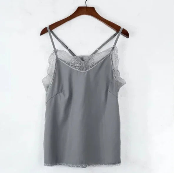 Women Tops Elegant Tank Top Tube Top Silk Satin Camisole Plain Strappy Vest Tops Sleeveless Blouse French Tuning Delicate Lace