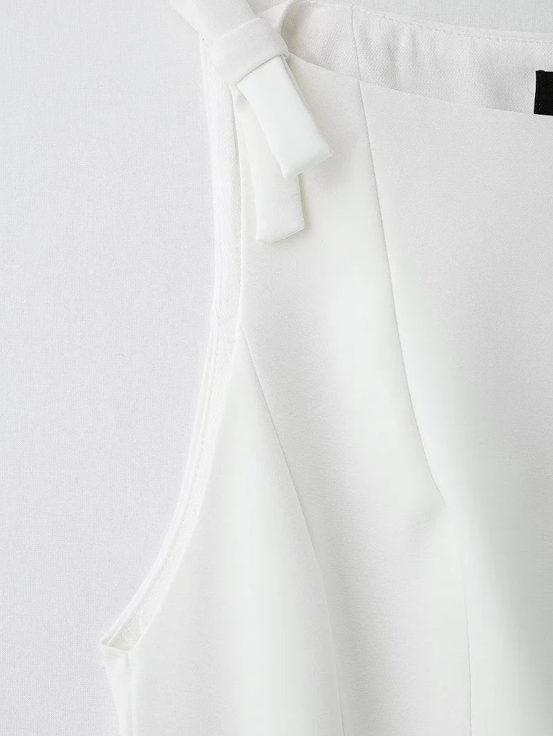 MUJER White Bow Sleeveless Tops for Women Black off Shoulder Top Female Spring Casual Tank Tops Woman 2025 Pleated Women's Tops