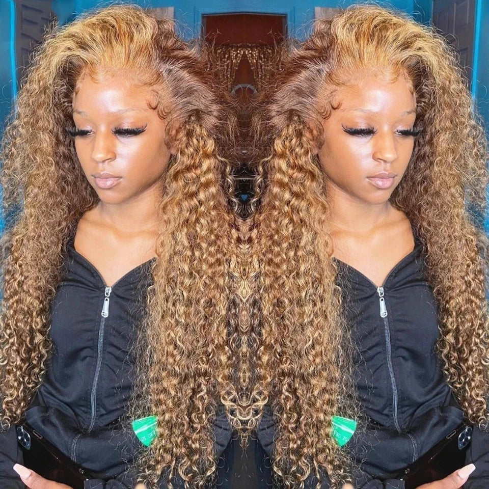 4/27 Curly Wigs 13x4 Highlight Deep Wave Wig Human Hair Ombre Honey Blonde Brown Colored Brazilian Water Wave Human Hair Wig