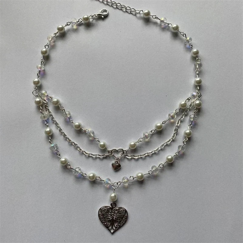 Layered Butterfly Pendant Necklace Multi-layer Simulated Pearl Chain Choker For Women Clavicle Chain Jewelry Ornament