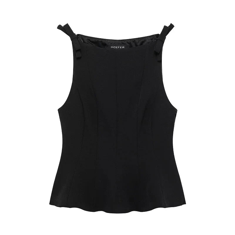 MUJER White Bow Sleeveless Tops for Women Black off Shoulder Top Female Spring Casual Tank Tops Woman 2025 Pleated Women's Tops