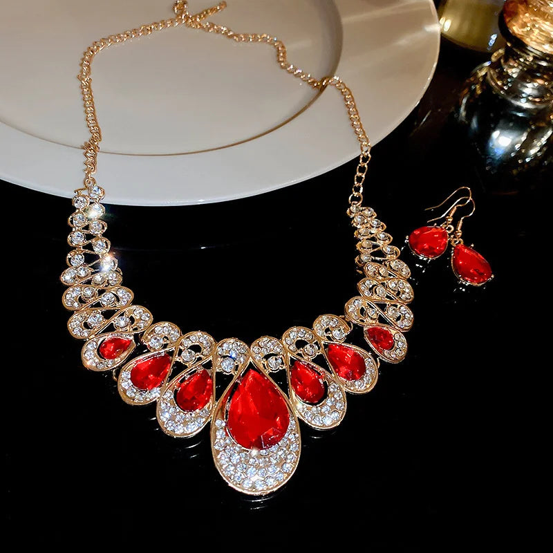 Luxury Necklace Earrings For Women Red Water Drop Crystal Earrings Weddings Banquet Jewelry Sets