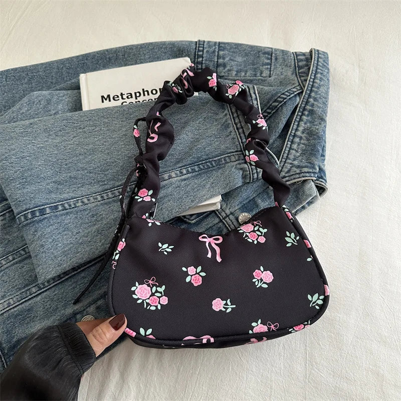 Gentle and Sweet Flower Canvas Bag for Women 2025 New Drawstring Shoulder Bag High Beauty Broken Flower Bow