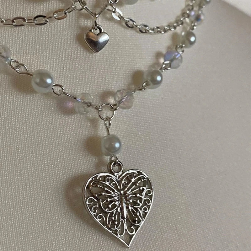 Layered Butterfly Pendant Necklace Multi-layer Simulated Pearl Chain Choker For Women Clavicle Chain Jewelry Ornament