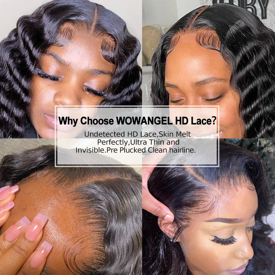 Wow Angel 34inch Human Hair Lace Frontal Wig Deep Wave 13x6 HD Lace Full Frontal Curly Wigs Melts Skins 250% Natural Pre Plucked