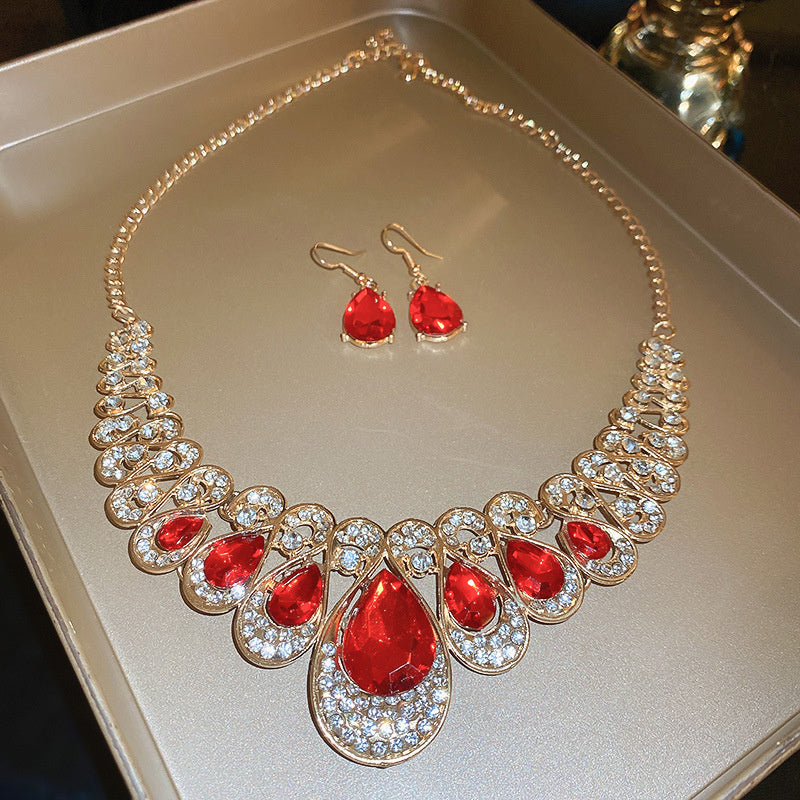 Luxury Necklace Earrings For Women Red Water Drop Crystal Earrings Weddings Banquet Jewelry Sets