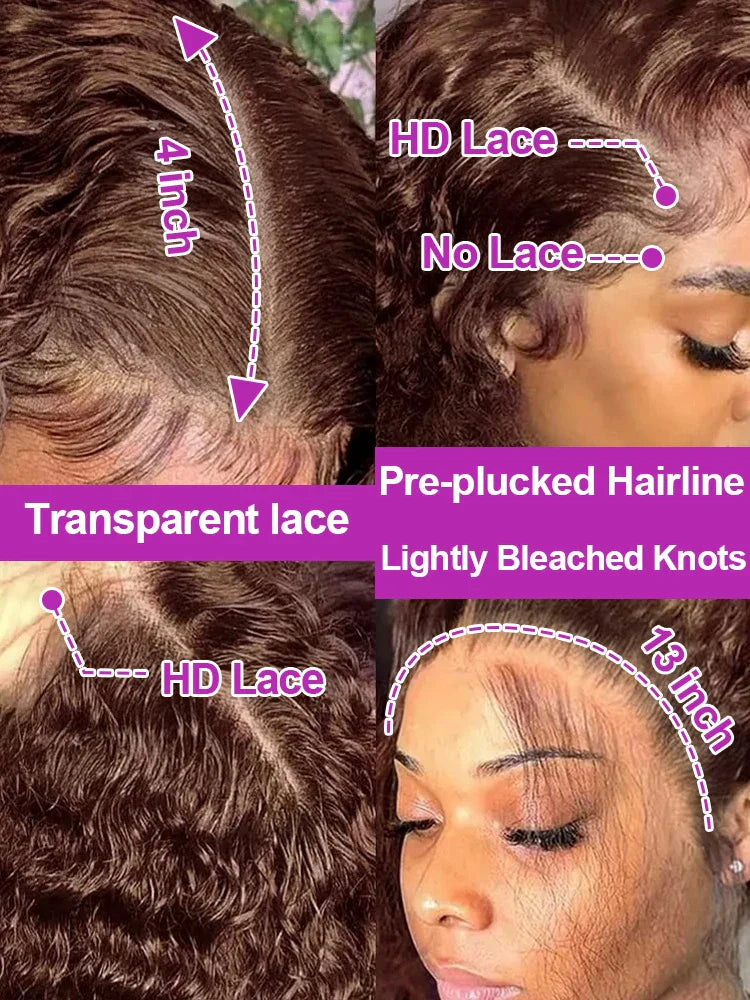 40 Inch Chocolate Brown Curly Lace Front Wig Human Hair 13x6 Deep Wave HD Lace Frontal Wig PrePlucked Glueless Wig 250% Density