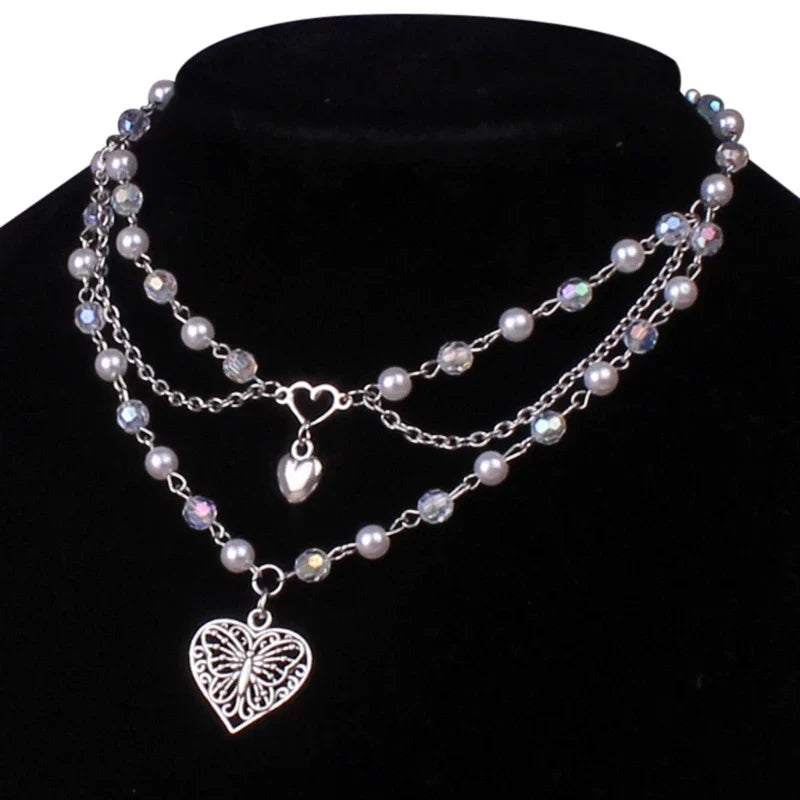 Layered Butterfly Pendant Necklace Multi-layer Simulated Pearl Chain Choker For Women Clavicle Chain Jewelry Ornament