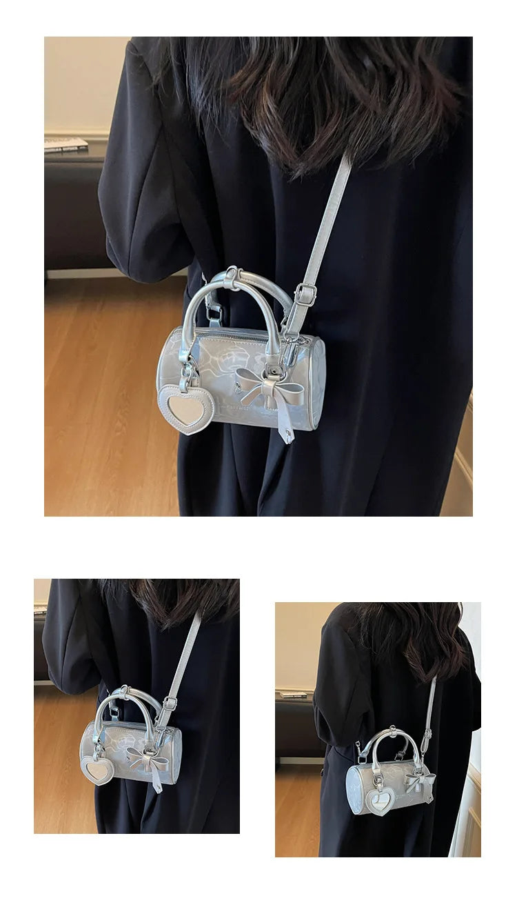 2025 Bow-Embellished Boston Bag Women Fashion Shoulder Crossbody Purse Stylish Cylinder Handbag for Work Travel Outings