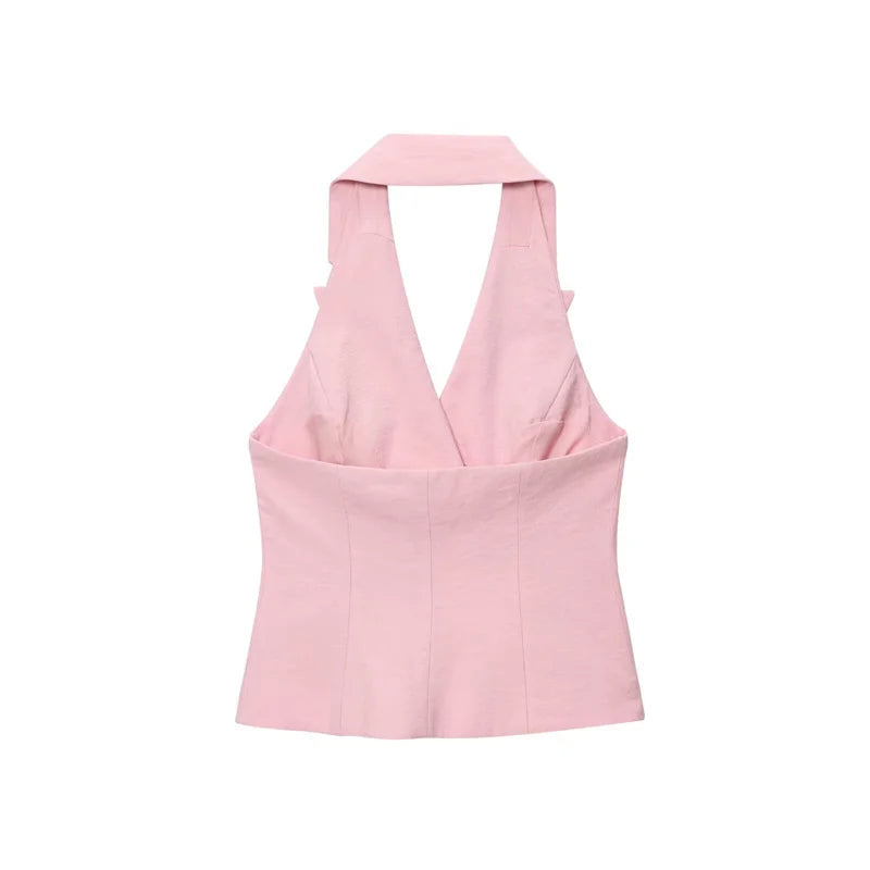 Women's Tops 2025 New Double-Breasted Halterneck Pink Vest Casual and fashionable women's vest