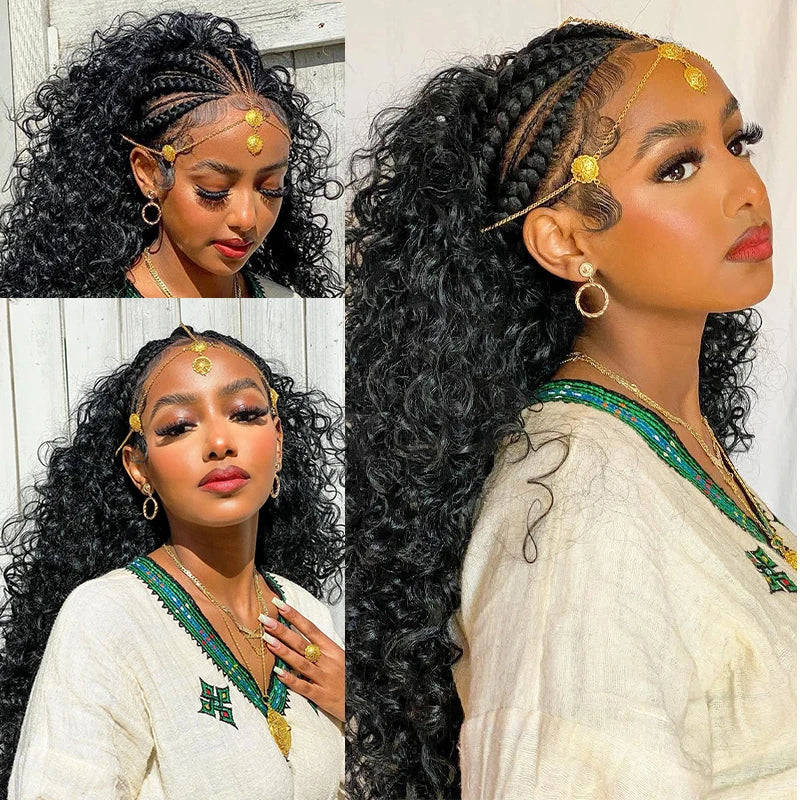 Deep Wave Pre Braided Wigs 13x4 HD Lace Frontal Black Human Hair Curly Wigs boho braids Water Wave Brazilian human hair Wigs
