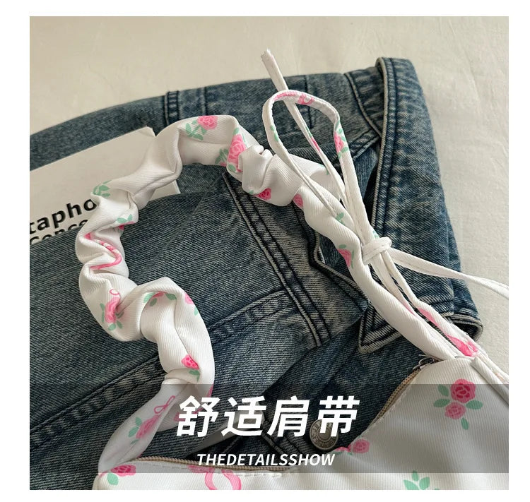 Gentle and Sweet Flower Canvas Bag for Women 2025 New Drawstring Shoulder Bag High Beauty Broken Flower Bow