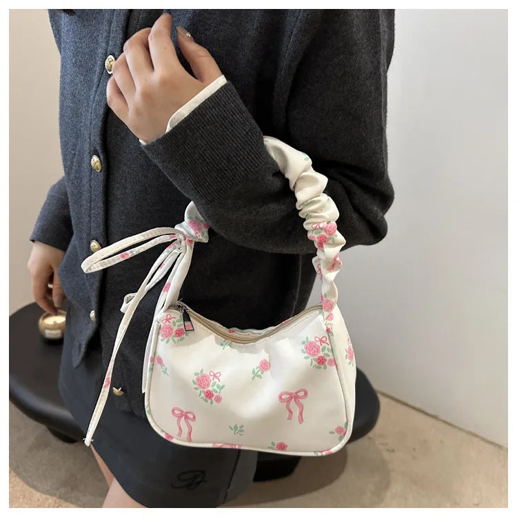 Gentle and Sweet Flower Canvas Bag for Women 2025 New Drawstring Shoulder Bag High Beauty Broken Flower Bow