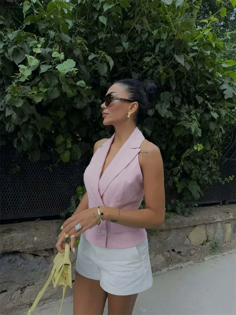 Women's Tops 2025 New Double-Breasted Halterneck Pink Vest Casual and fashionable women's vest