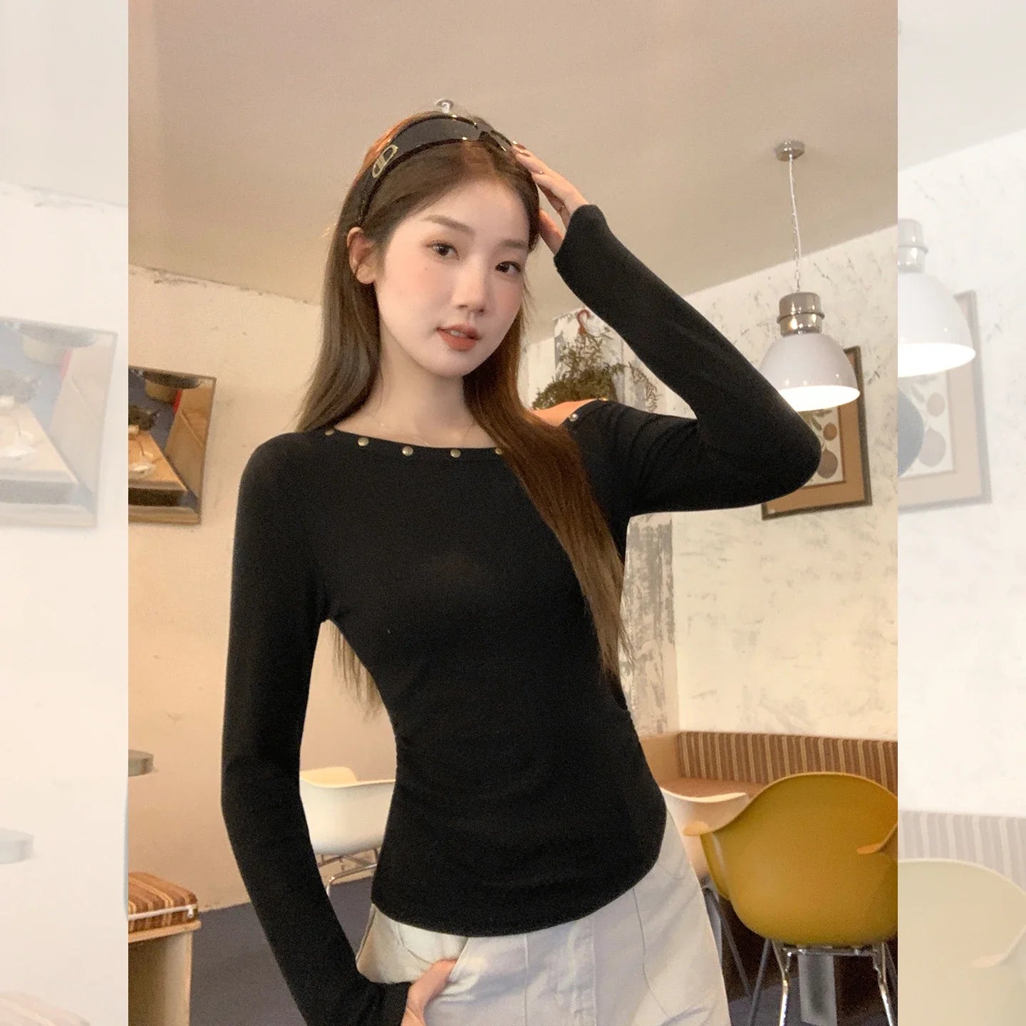 Sexy Slanted Shoulder Bottom T-shirts for Women 2025 Autumn New Black Long Sleeve Casual Slim Fit Women's Tops T-shirts