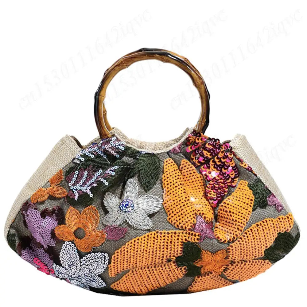 Handbags For Women Bamboo Handle Sequin Design Elegant Banquet Clutch Floral Linen Bag Women's Wrist Bags Lady Mini Purse Wallet