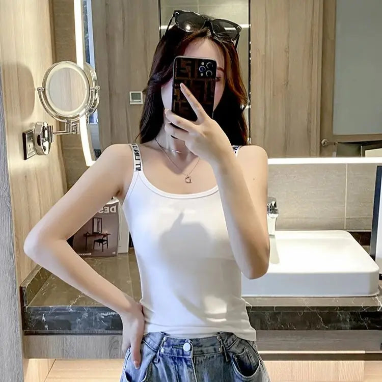 Cotton Camisole Bottom Shirt Tank Top Women Inner White Short Slim Outerwear Tops Sporty Bottom Letter Shoulder Strap