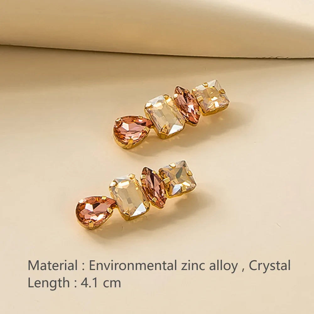 Luxury Crystal Drop Earrings for Women Geometric Champagne Peach Rhinestone Elegant Daily Wear Chic Fashion Jewelry