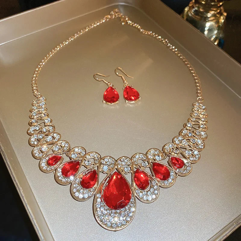 Luxury Necklace Earrings For Women Red Water Drop Crystal Earrings Weddings Banquet Jewelry Sets