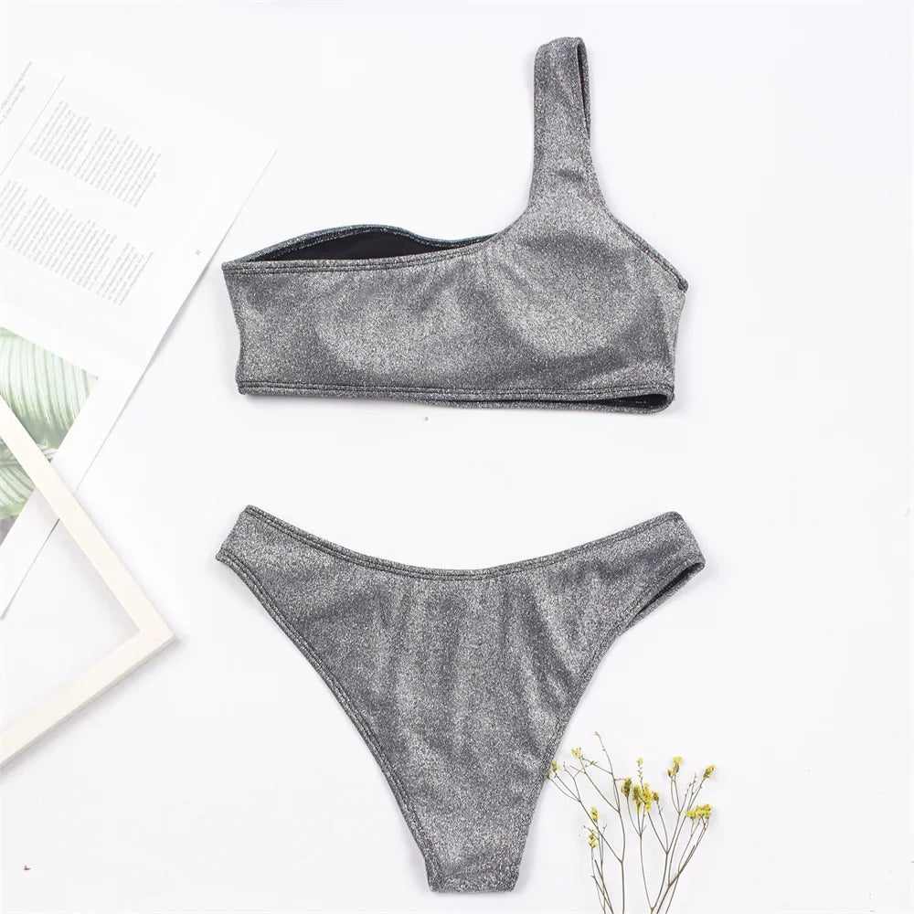 Women Sexy Bikini Set Biquini Ladies One Shoulder Blingbling Swimsuit Female Two Piece Glitter Solid Color SwimwearW2023