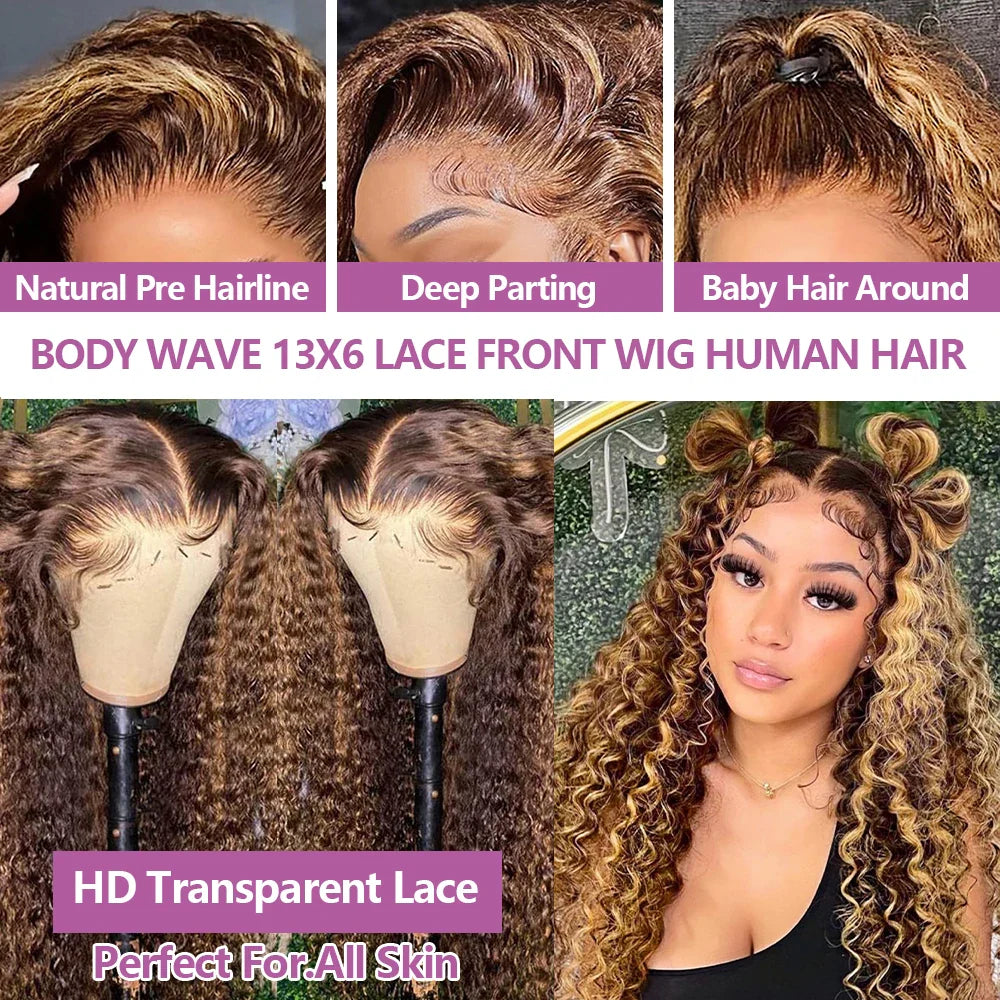 4/27 Curly Wigs 13x4 Highlight Deep Wave Wig Human Hair Ombre Honey Blonde Brown Colored Brazilian Water Wave Human Hair Wig