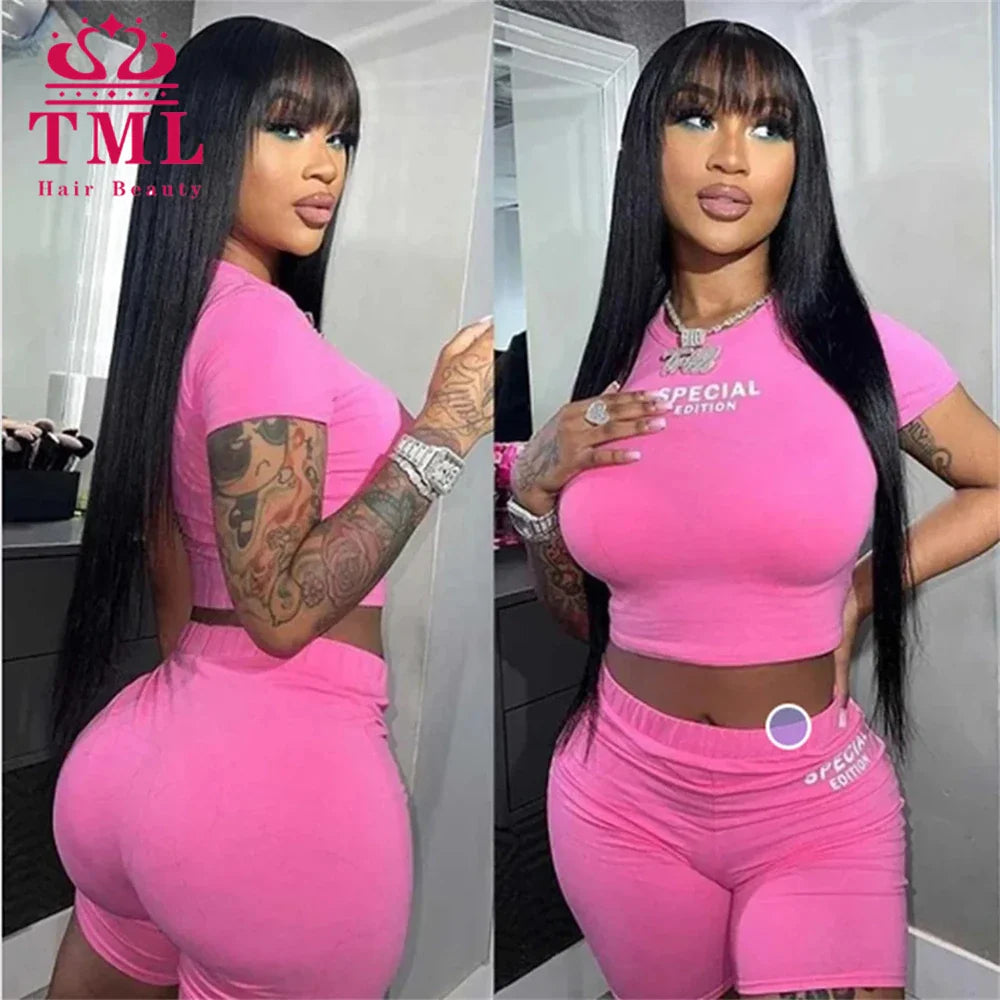 Bone Straight Human Hair Wigs With Bang Full Machine Made Wigs Natural Color Glueless Peruvian Straight Remy Human Hair Wigs
