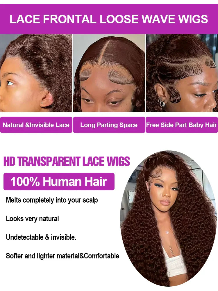 40 Inch Chocolate Brown Curly Lace Front Wig Human Hair 13x6 Deep Wave HD Lace Frontal Wig PrePlucked Glueless Wig 250% Density