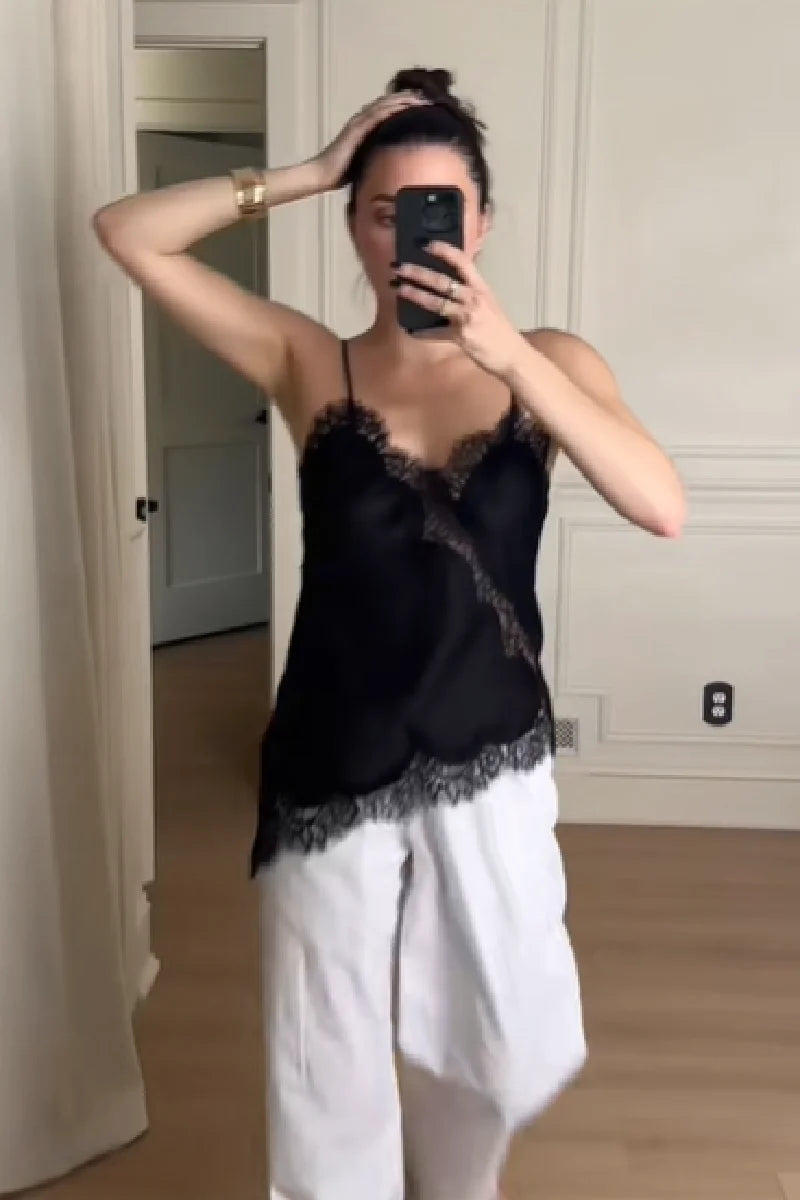 Summer Women Halter Top Satin Lace Spliced Tank Backless Deep Neck Sexy Vest Irregular Hem Vestidos 2025 Lady Vacation Sexy Tops