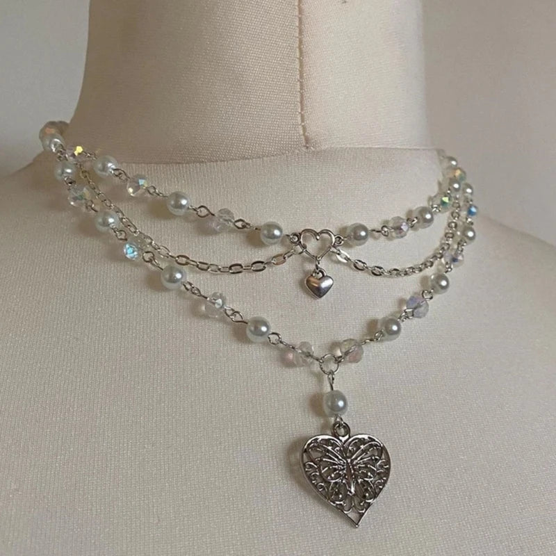 Layered Butterfly Pendant Necklace Multi-layer Simulated Pearl Chain Choker For Women Clavicle Chain Jewelry Ornament