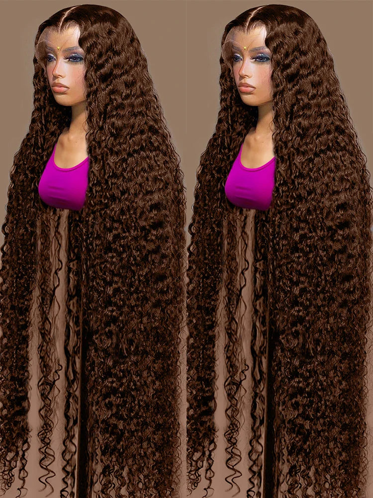 40 Inch Chocolate Brown Curly Lace Front Wig Human Hair 13x6 Deep Wave HD Lace Frontal Wig PrePlucked Glueless Wig 250% Density