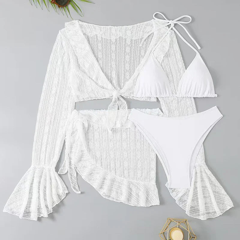 2025 Sexy Four-piece Women Swimsuit Long-sleeve Cover-up Swimwear Summer Solid Bikini Set Brazilian Beachwear Party bathing suit