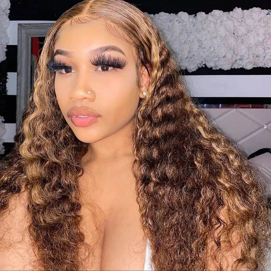 P427 Curly Highlight Wig Human Hair 13x4 HD Lace Frontal Wigs Preplucked 200 Density 100% Human Hair Deep Wave wig For Women