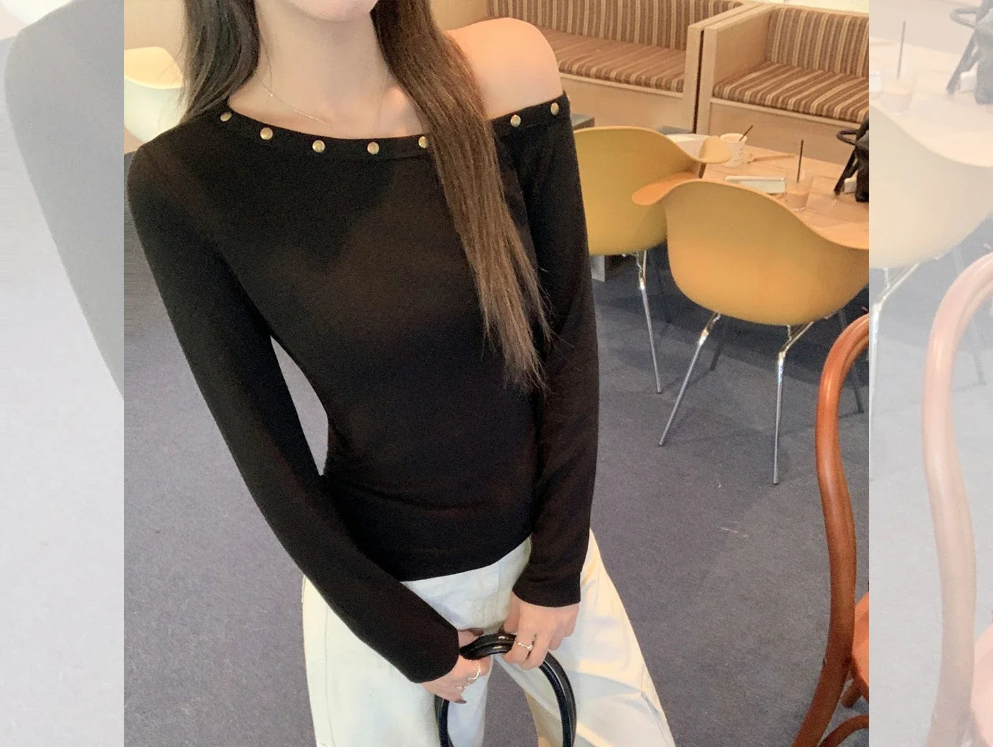 Sexy Slanted Shoulder Bottom T-shirts for Women 2025 Autumn New Black Long Sleeve Casual Slim Fit Women's Tops T-shirts