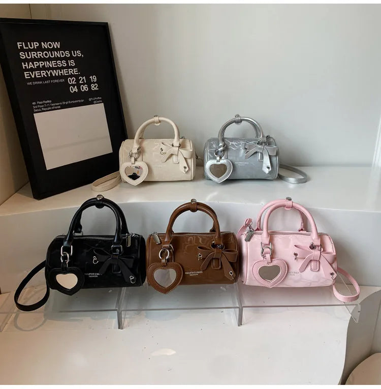 2025 Bow-Embellished Boston Bag Women Fashion Shoulder Crossbody Purse Stylish Cylinder Handbag for Work Travel Outings