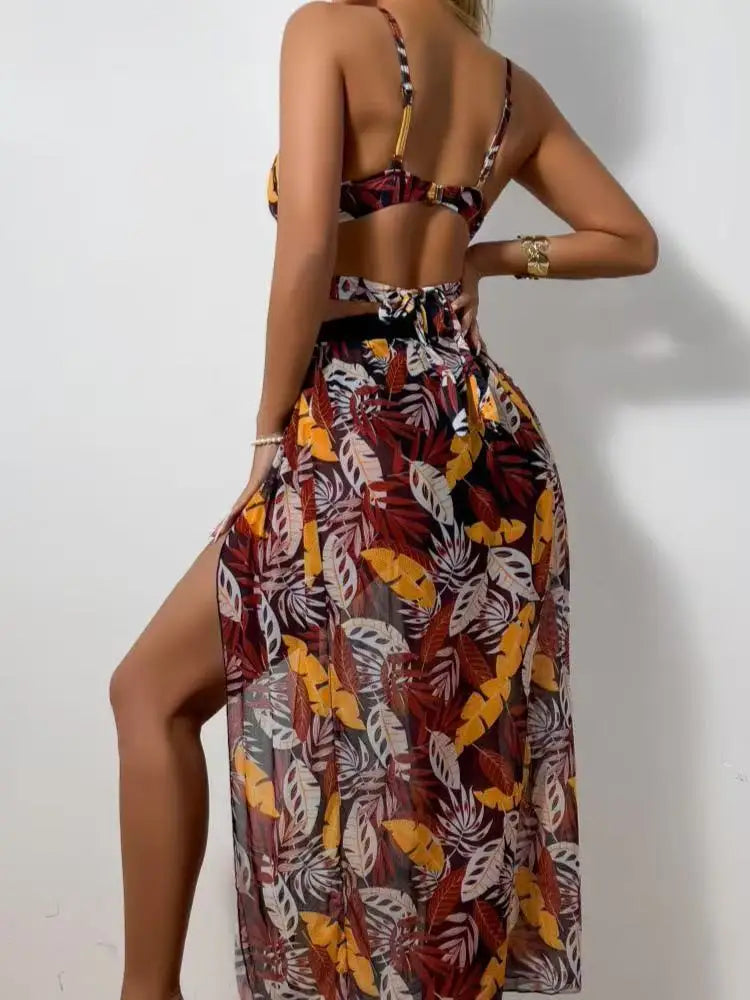 2025 New Sexy 3 Piece Bikini Set Black Push Up Bikini with Leaf Print, Low Waist Bottoms & Skirt Women's Swimsuit