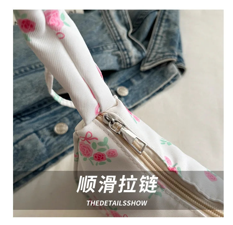 Gentle and Sweet Flower Canvas Bag for Women 2025 New Drawstring Shoulder Bag High Beauty Broken Flower Bow