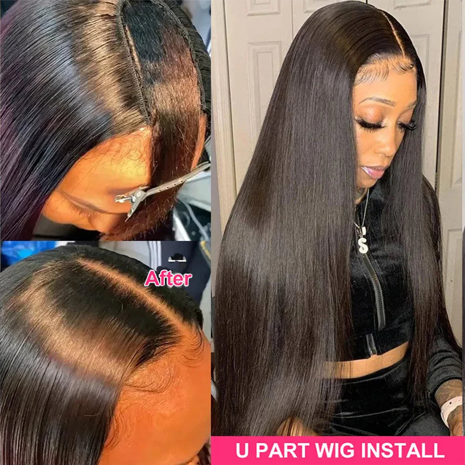 Straight U Part Wig Human Hair No Leave Out No Glue Brazilian Glueless Bone Straight Human Hair Wigs for Women 180% Density