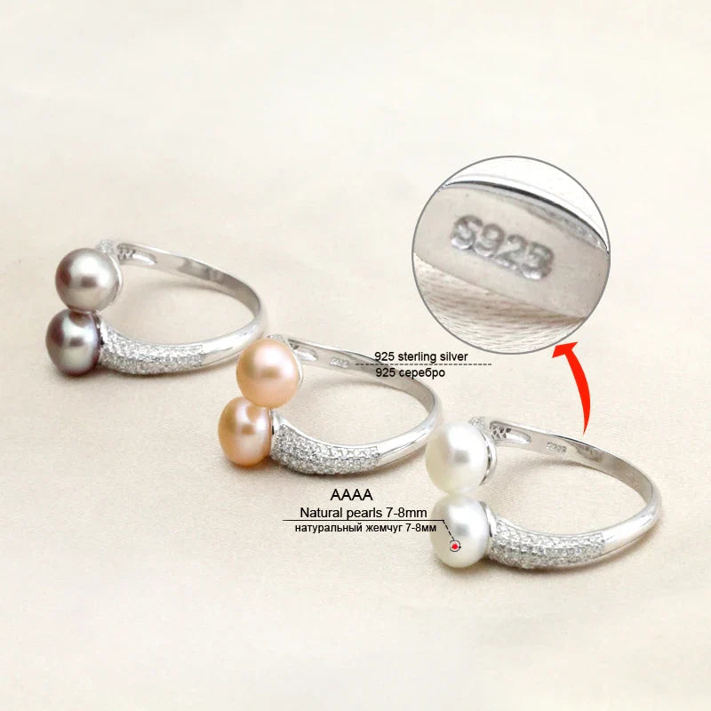 Real Natural Freshwater Black Double Pearl Ring Women,Exquisite 925 Sterling Silver Ring Fine Jewelry Adjustable