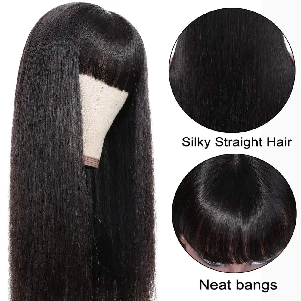 32 Inch Straight Human Hair Wigs With Bangs For Women Cheap Machine Made Fringe Wig 100% Human Hair Brazilian Wigs with Bangs