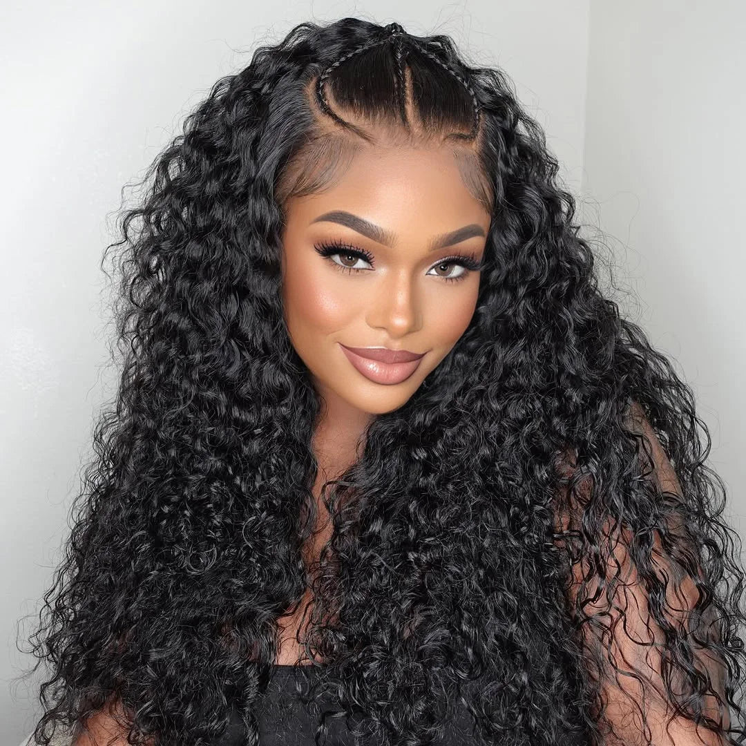 Deep Wave Pre Braided Wigs 13x4 HD Lace Frontal Black Human Hair Curly Wigs boho braids Water Wave Brazilian human hair Wigs