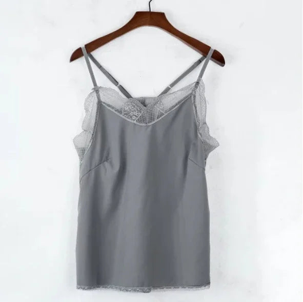 Women Tops Elegant Tank Top Tube Top Silk Satin Camisole Plain Strappy Vest Tops Sleeveless Blouse French Tuning Delicate Lace