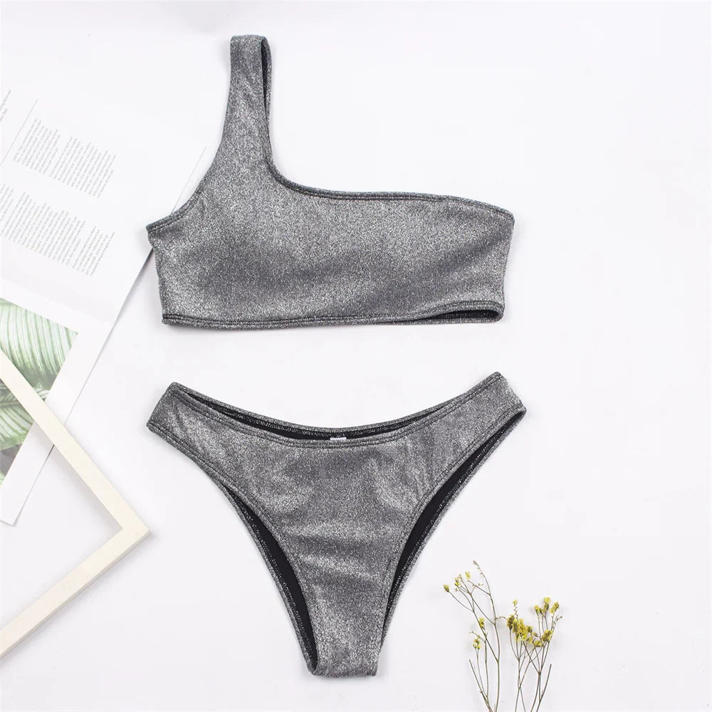 Women Sexy Bikini Set Biquini Ladies One Shoulder Blingbling Swimsuit Female Two Piece Glitter Solid Color SwimwearW2023