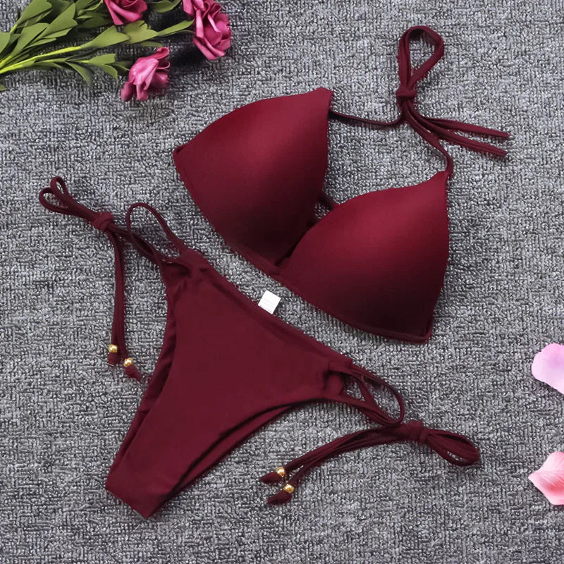 Sexy women bikini set solid color swimwear push up padded bra swimsuit sporty beachwear strap split bathing suit summer vacation