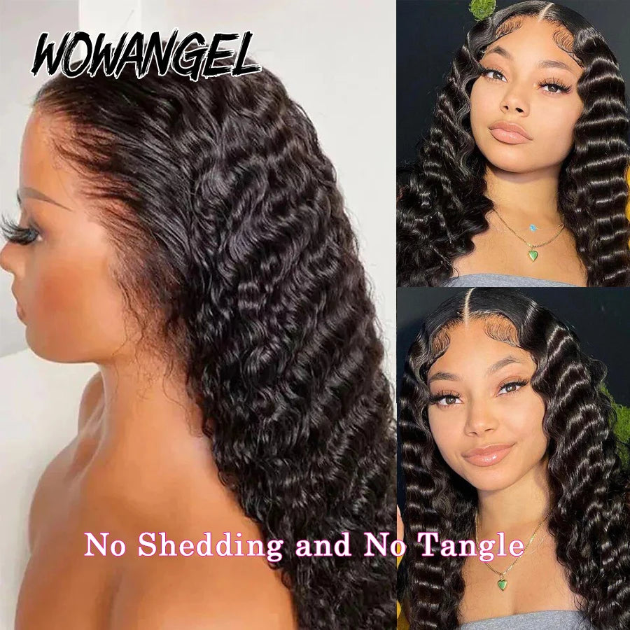 Wow Angel 34inch Human Hair Lace Frontal Wig Deep Wave 13x6 HD Lace Full Frontal Curly Wigs Melts Skins 250% Natural Pre Plucked