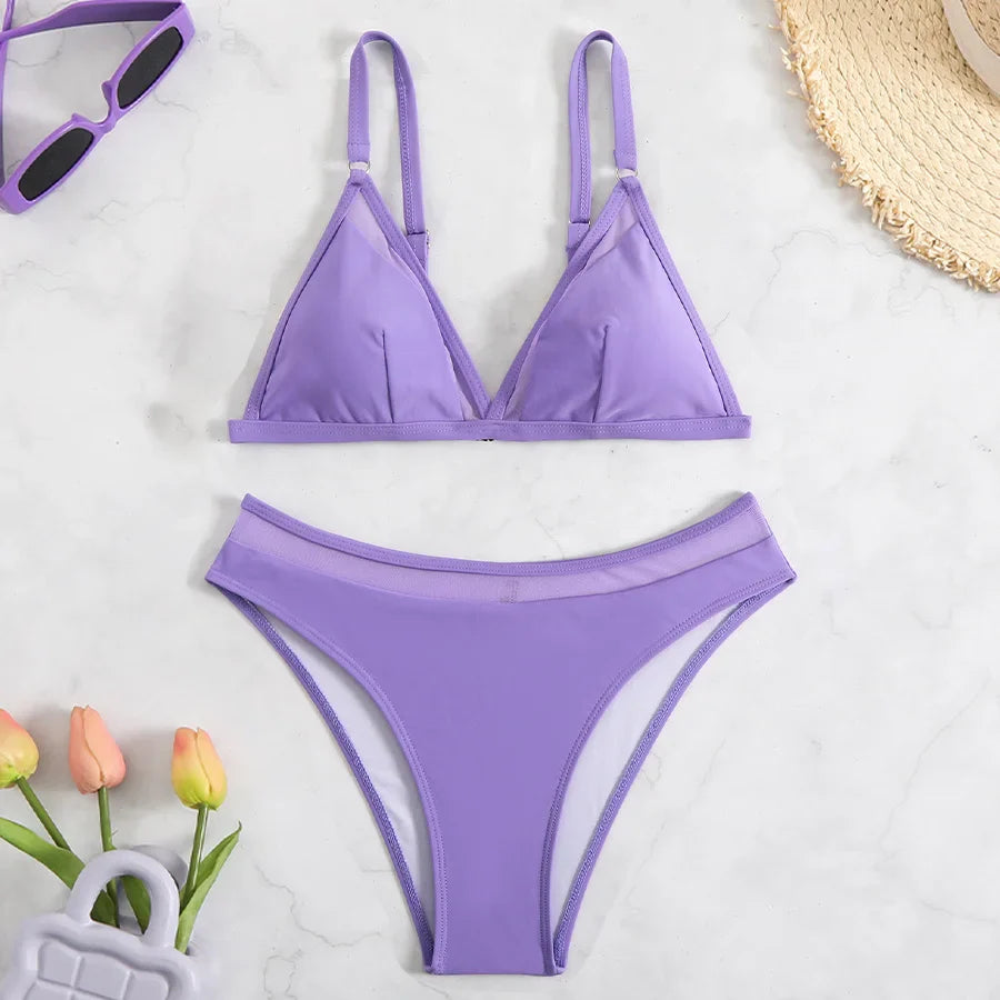 Women's Sexy Bikini Set Solid Mesh Two-Pieces Swimsuit Bra and Shorts Beachwear for Summer Surfing Vacation Swimwear